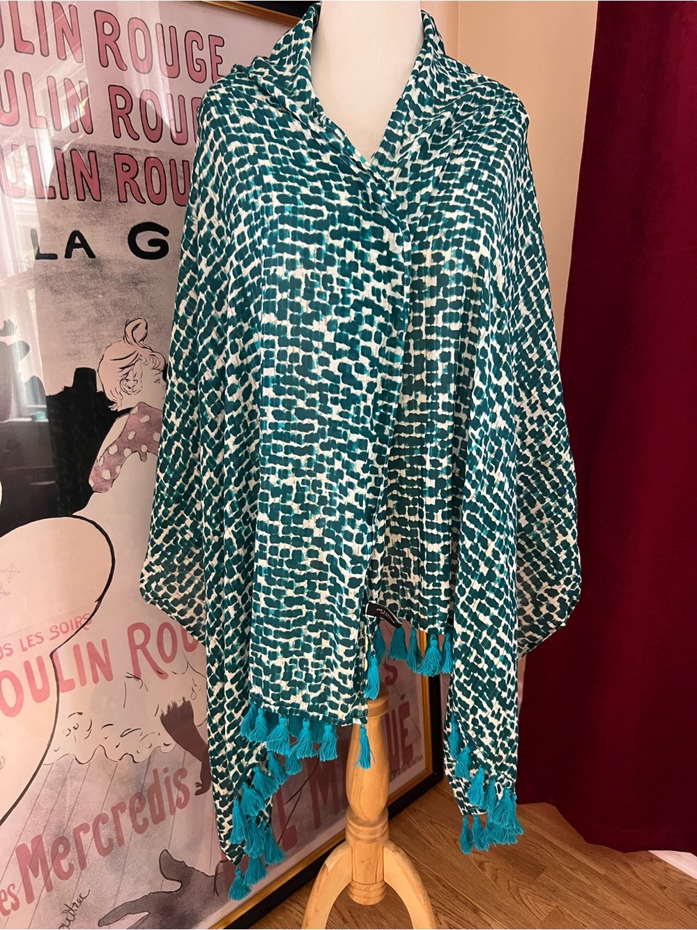 Ann Taylor Silk Cotton Blend Teal, Crem, Tan Tassled Scarf